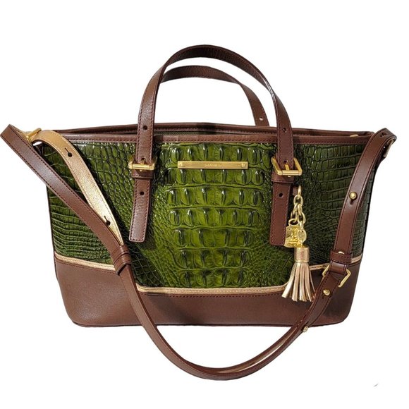 Brahmin Handbags - Brahmin Womens Mini Asher Chive Tri-Texture Melbourne Leather Satchel Bag